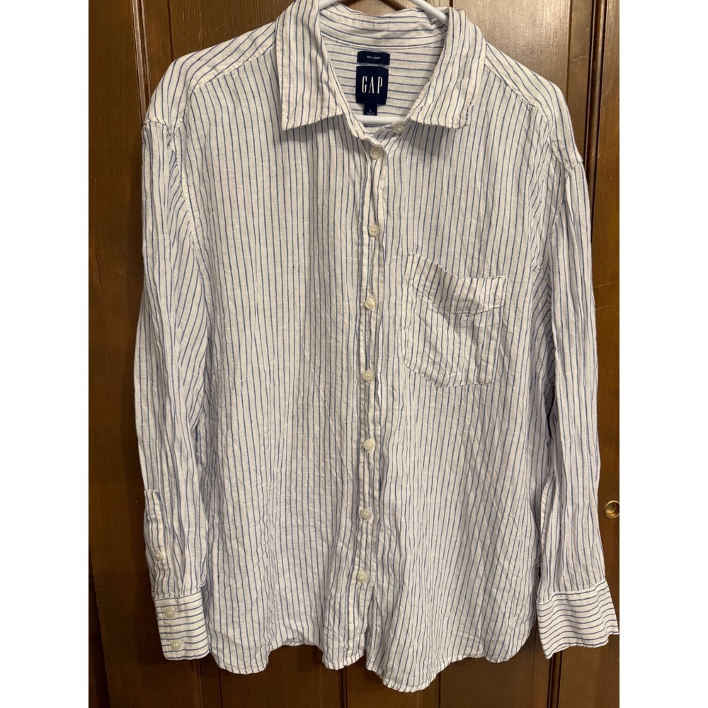 Gap 2025 Women Blue White Striped 100% Linen Button Down Shirt Large Long Sleeve